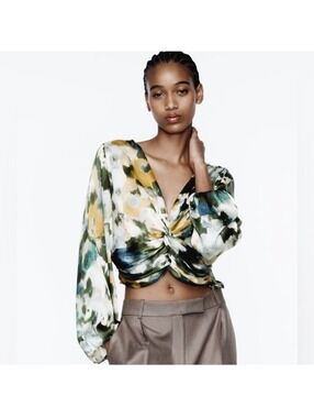 ZARA semi sheer crop top with water colors